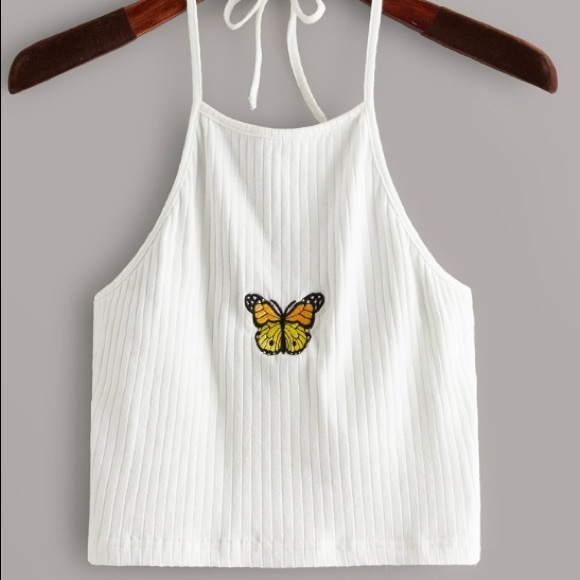 SHEIN Tops - Ribbed Butterfly Halter Crop Top
